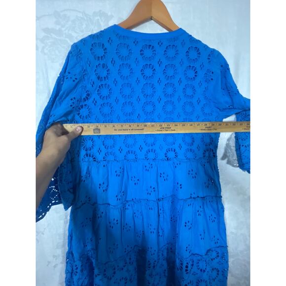 Soft Surroundings Dress 14 Blue Eyelet Tiered Long Slv Knee Length Lined Crochet - Picture 8 of 9